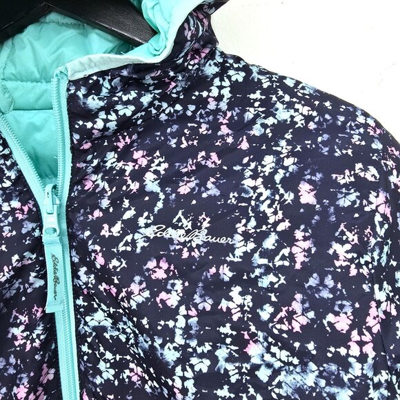 Eddie Bauer REVERSIBLE Soft Aqua Navy Down Winter Puffer Jacket Girls Size 14/16 - Picture 4 of 11